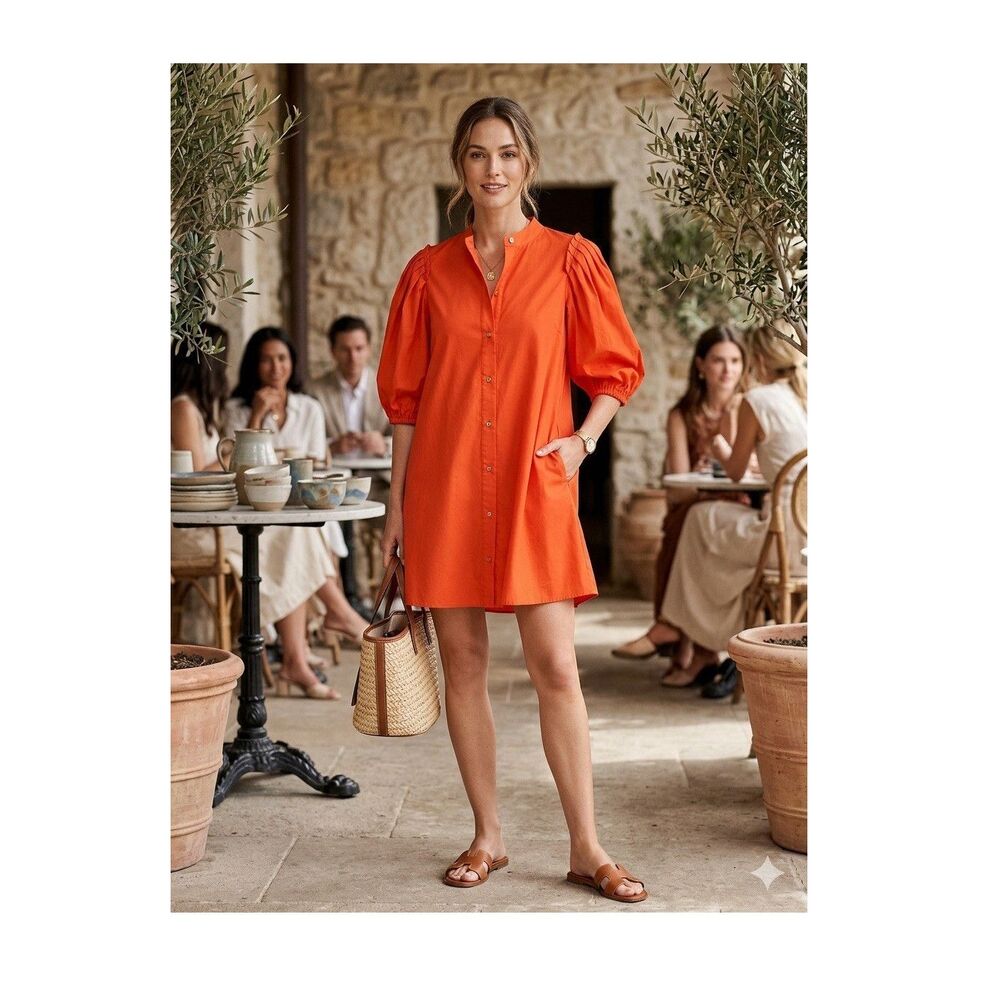 Hanane Hotait Designer Orange Cotton Puff Sleeve Shift Dress Button-Down Size 38